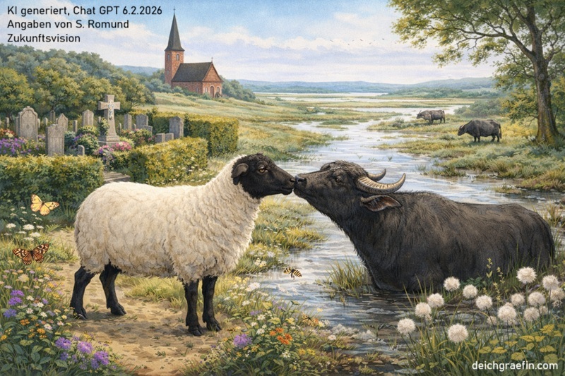 Deichschaf küsst Wasserbüffel